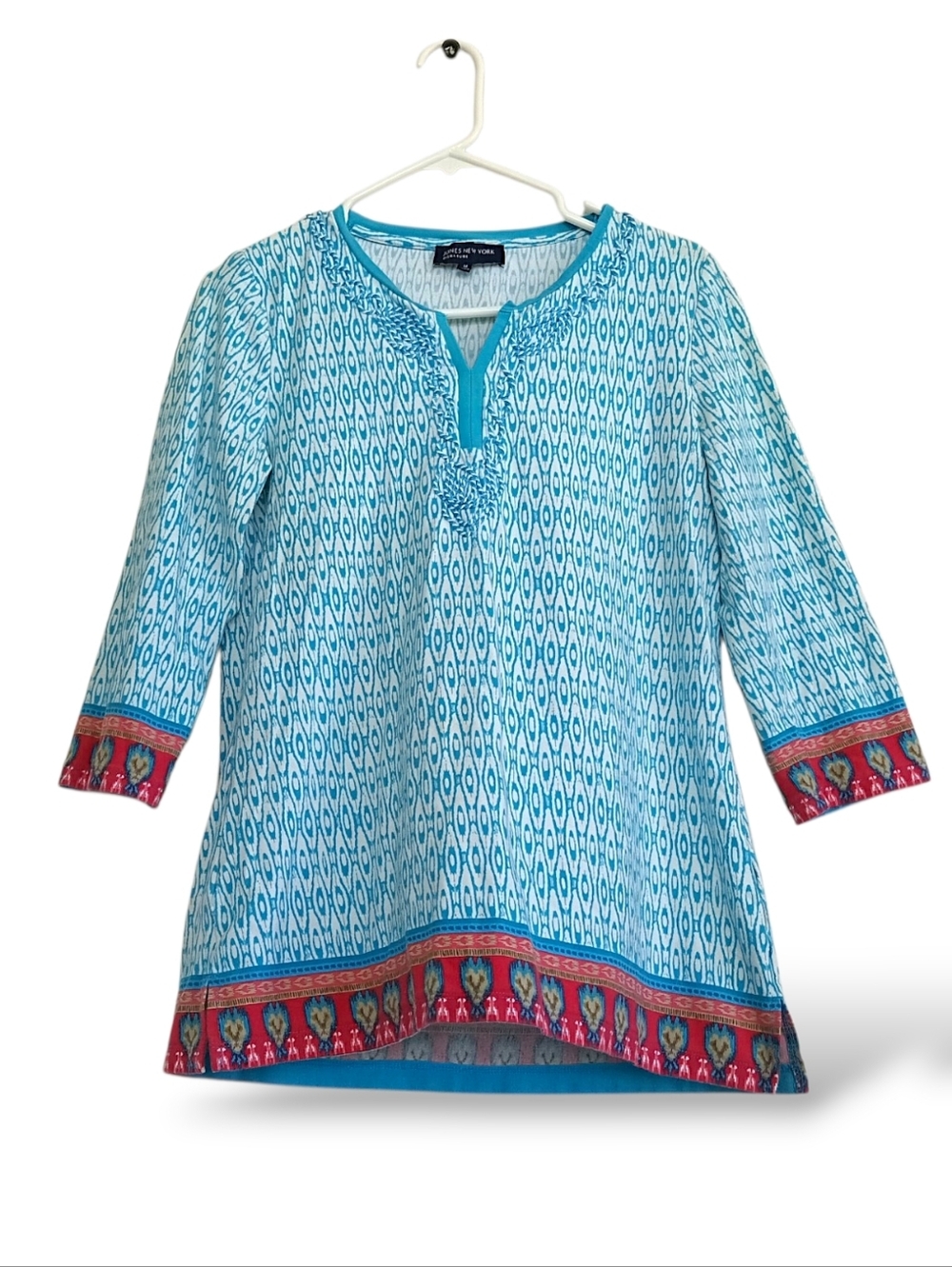 JNY Turquoise Tunic Shirt Medium Boho Western Soft stretch Rope detail V neck
